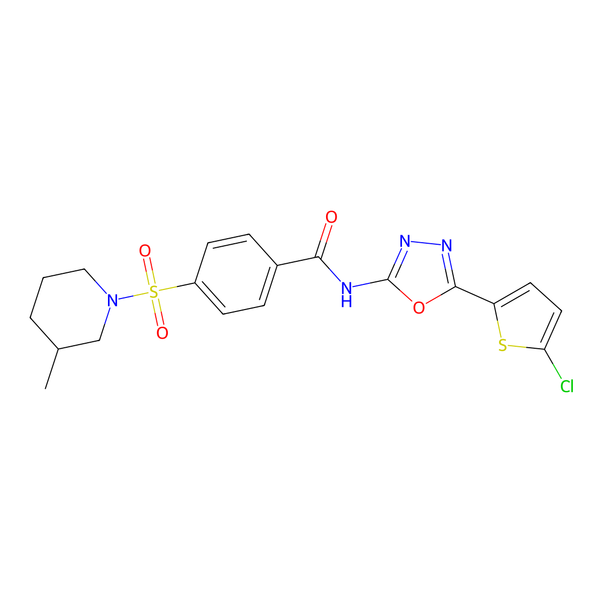 N-(5-(5-chlorothiophen-2-yl)-1,3,4-oxadiazol-2-yl)-4-((3-methylpiperidin-1-yl)sulfonyl)benzamide molecular structure, CAS 533872-30-9
