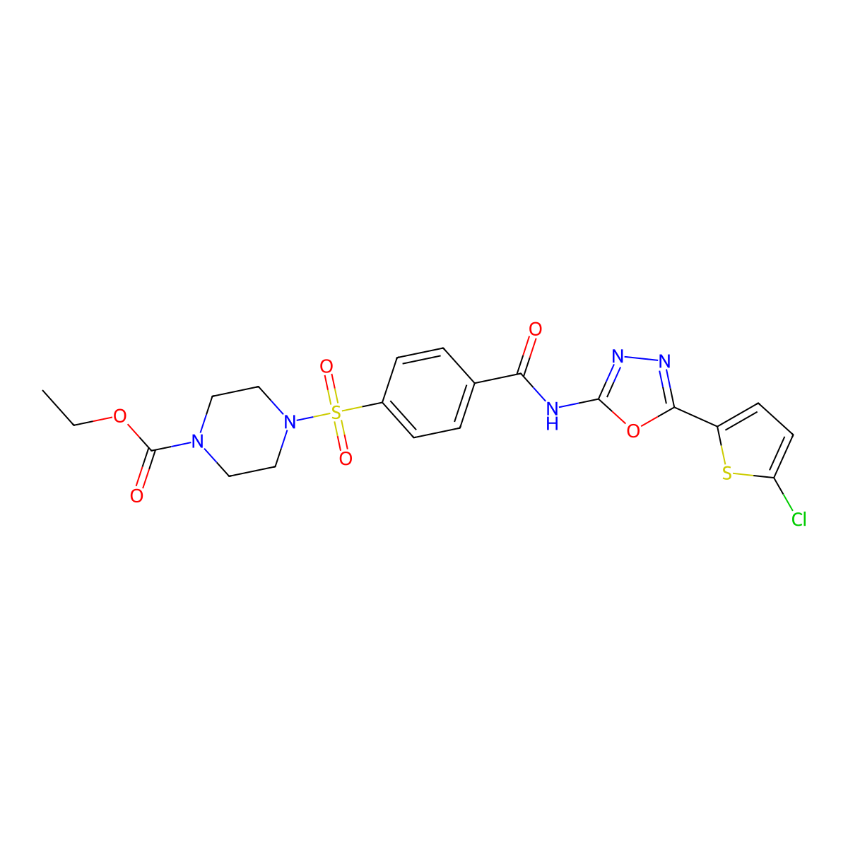 Ethyl 4-((4-((5-(5-chlorothiophen-2-yl)-1,3,4-oxadiazol-2-yl)carbamoyl)phenyl)sulfonyl)piperazine-1-carboxylate molecular structure, CAS 533872-35-4