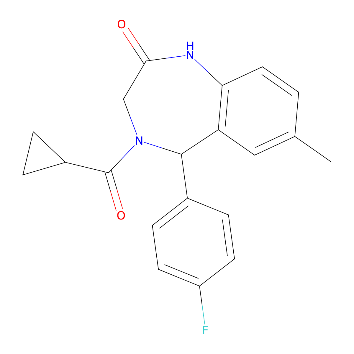4-(cyclopropanecarbonyl)-5-(4-fluorophenyl)-7-methyl-3,5-dihydro-1H-1,4-benzodiazepin-2-one molecular structure, CAS 533873-29-9