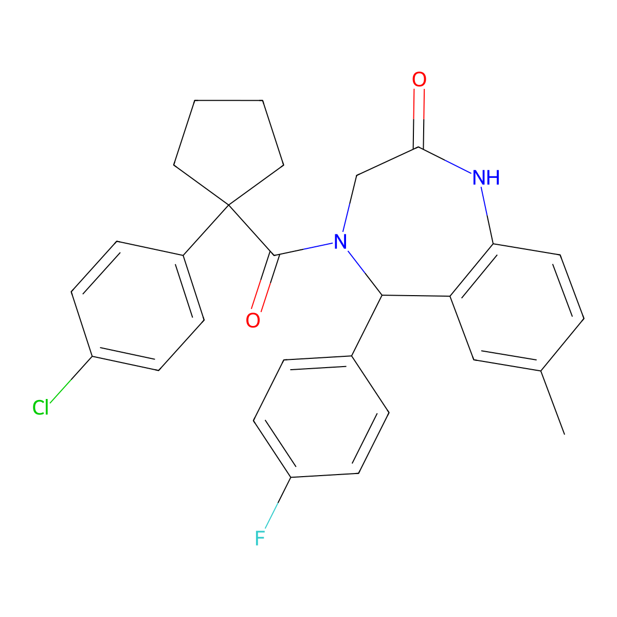 4-[1-(4-chlorophenyl)cyclopentanecarbonyl]-5-(4-fluorophenyl)-7-methyl-3,5-dihydro-1H-1,4-benzodiazepin-2-one molecular structure, CAS 533874-87-2