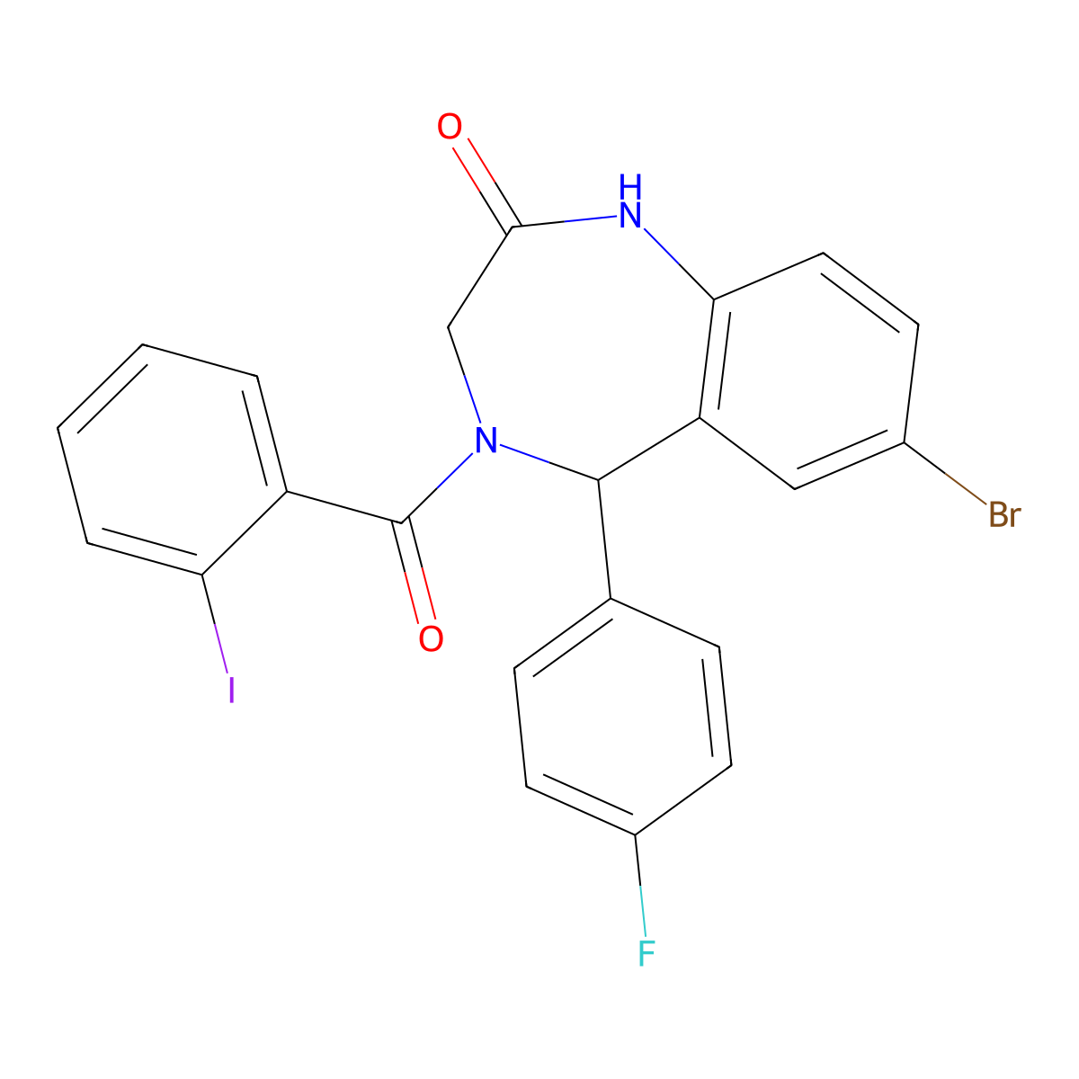 7-Bromo-5-(4-fluorophenyl)-4-(2-iodobenzoyl)-1,3,4,5-tetrahydro-2H-benzo[e][1,4]diazepin-2-one molecular structure, CAS 533876-30-1