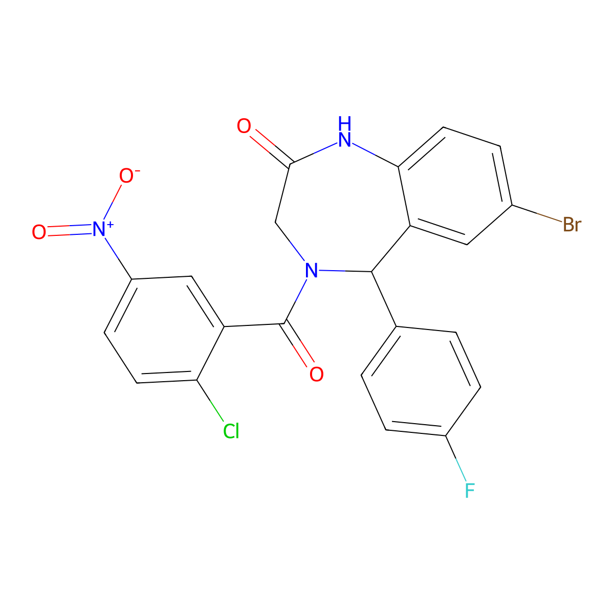 7-bromo-4-(2-chloro-5-nitrobenzoyl)-5-(4-fluorophenyl)-3,5-dihydro-1H-1,4-benzodiazepin-2-one molecular structure, CAS 533876-80-1
