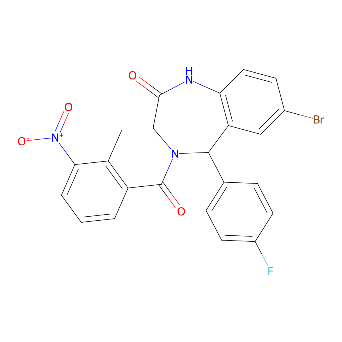 7-bromo-5-(4-fluorophenyl)-4-(2-methyl-3-nitrobenzoyl)-3,5-dihydro-1H-1,4-benzodiazepin-2-one molecular structure, CAS 533876-92-5