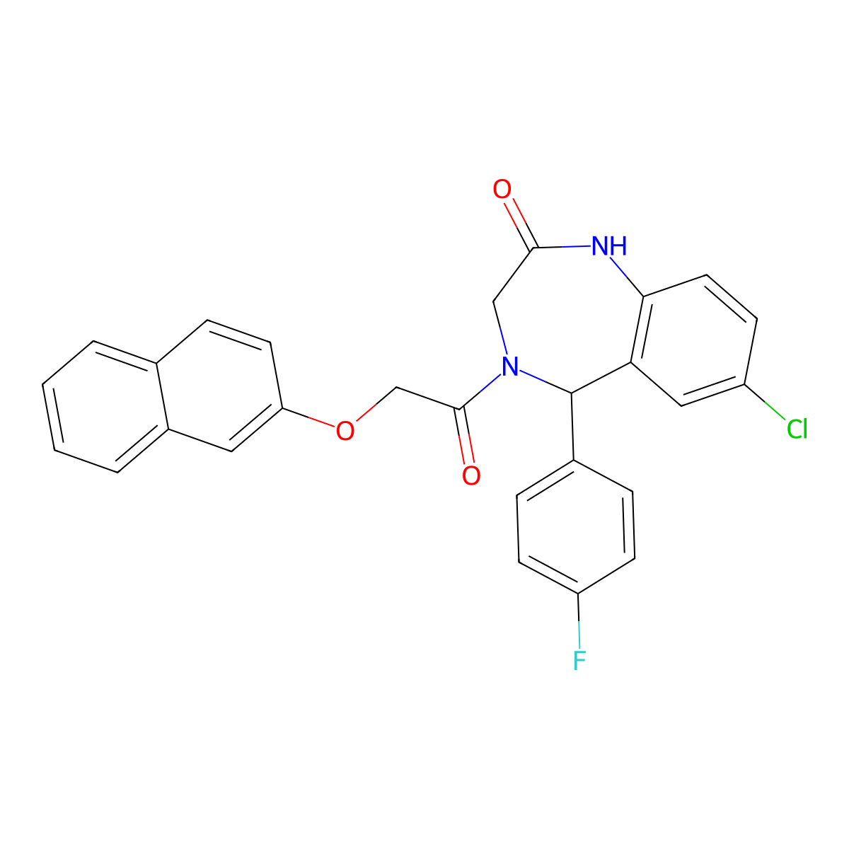 7-chloro-5-(4-fluorophenyl)-4-(2-(naphthalen-2-yloxy)acetyl)-4,5-dihydro-1H-benzo[e][1,4]diazepin-2(3H)-one molecular structure, CAS 533877-79-1