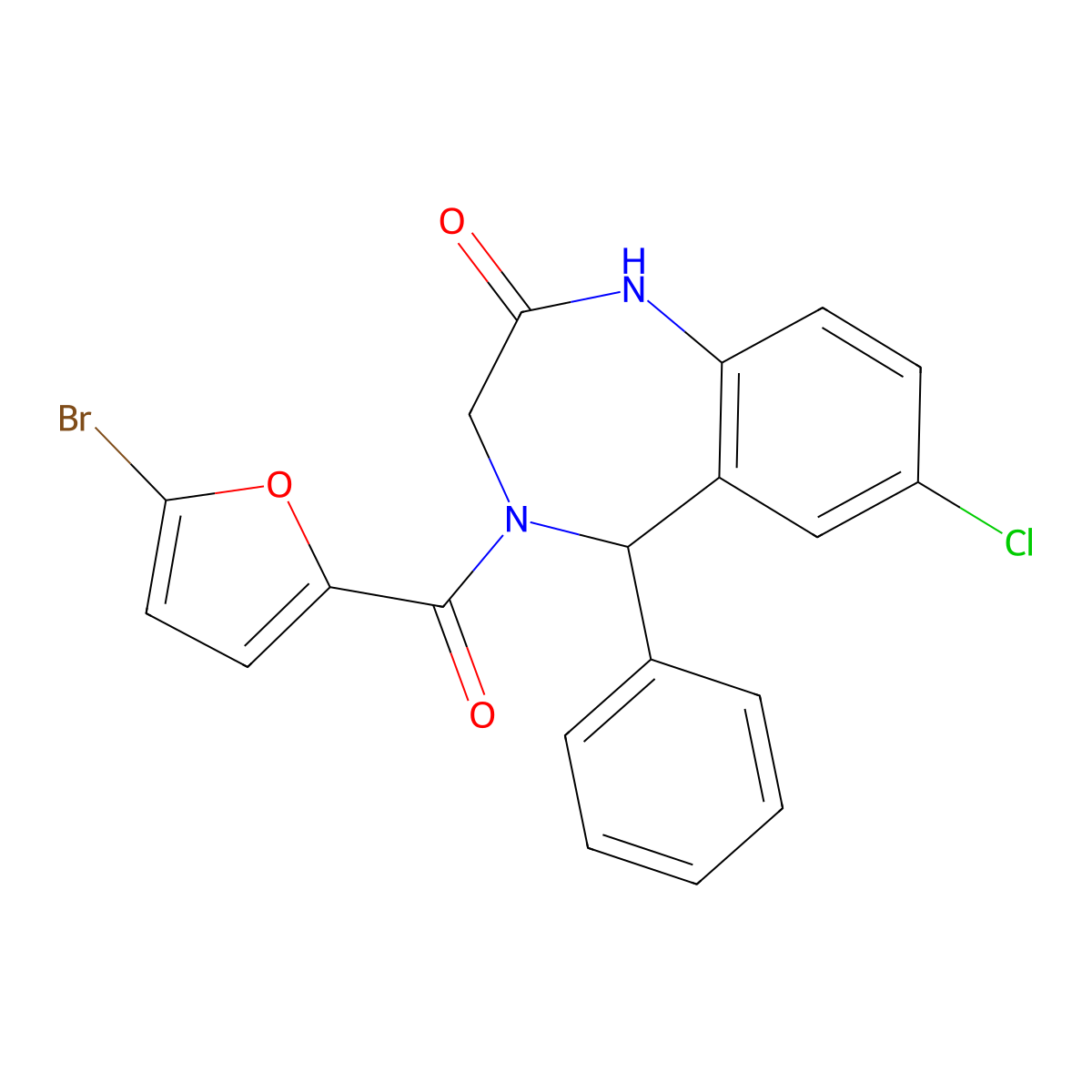 4-(5-bromofuran-2-carbonyl)-7-chloro-5-phenyl-3,5-dihydro-1H-1,4-benzodiazepin-2-one molecular structure, CAS 533878-14-7