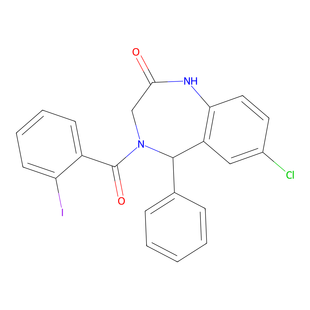 7-chloro-4-(2-iodobenzoyl)-5-phenyl-3,5-dihydro-1H-1,4-benzodiazepin-2-one molecular structure, CAS 533878-84-1