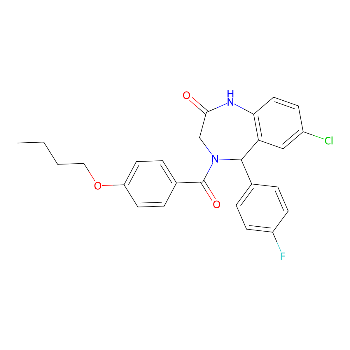 4-(4-butoxybenzoyl)-7-chloro-5-(4-fluorophenyl)-3,5-dihydro-1H-1,4-benzodiazepin-2-one molecular structure, CAS 533879-07-1