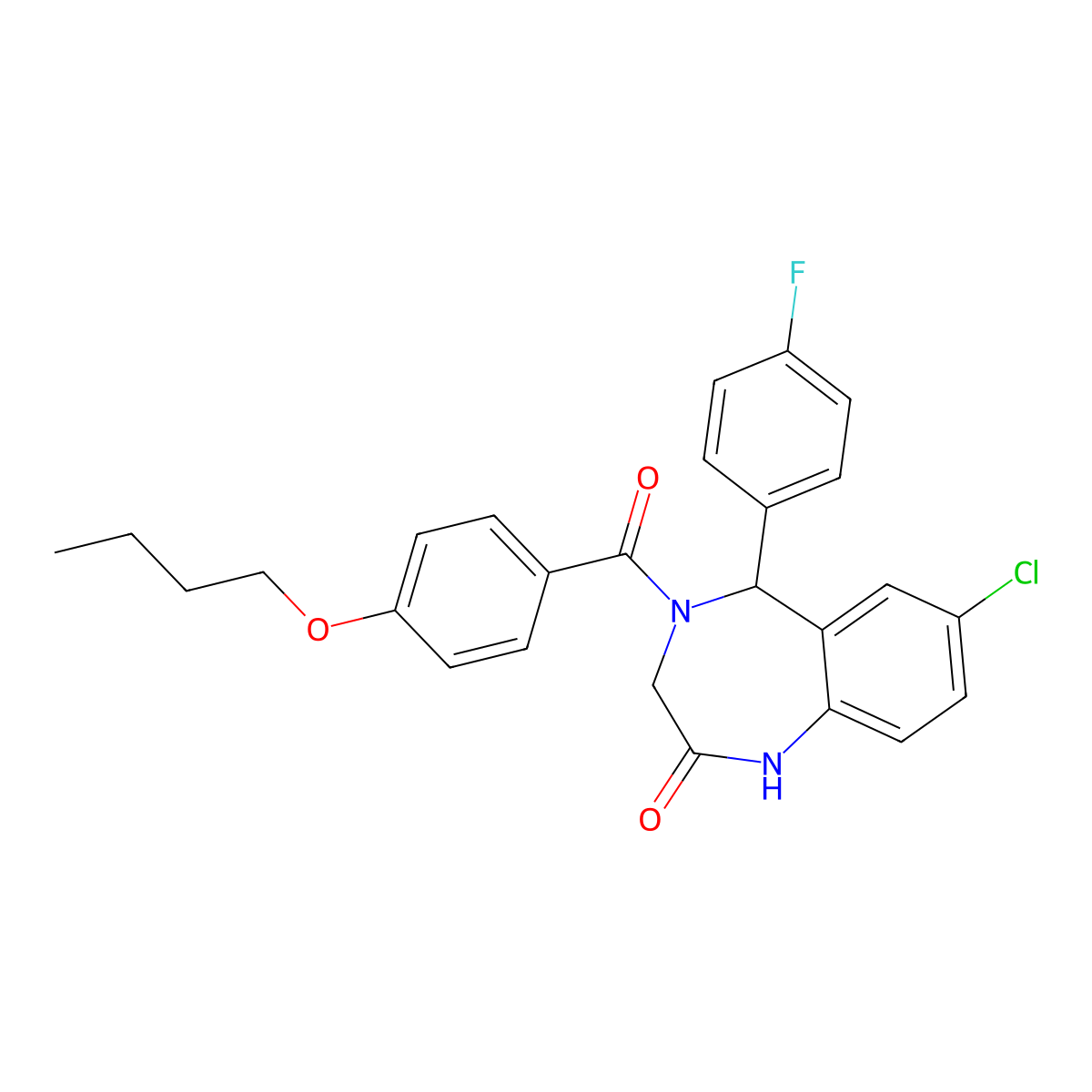 4-(4-butoxybenzoyl)-7-chloro-5-(4-fluorophenyl)-3,5-dihydro-1H-1,4-benzodiazepin-2-one molecular structure, CAS 533879-07-1
