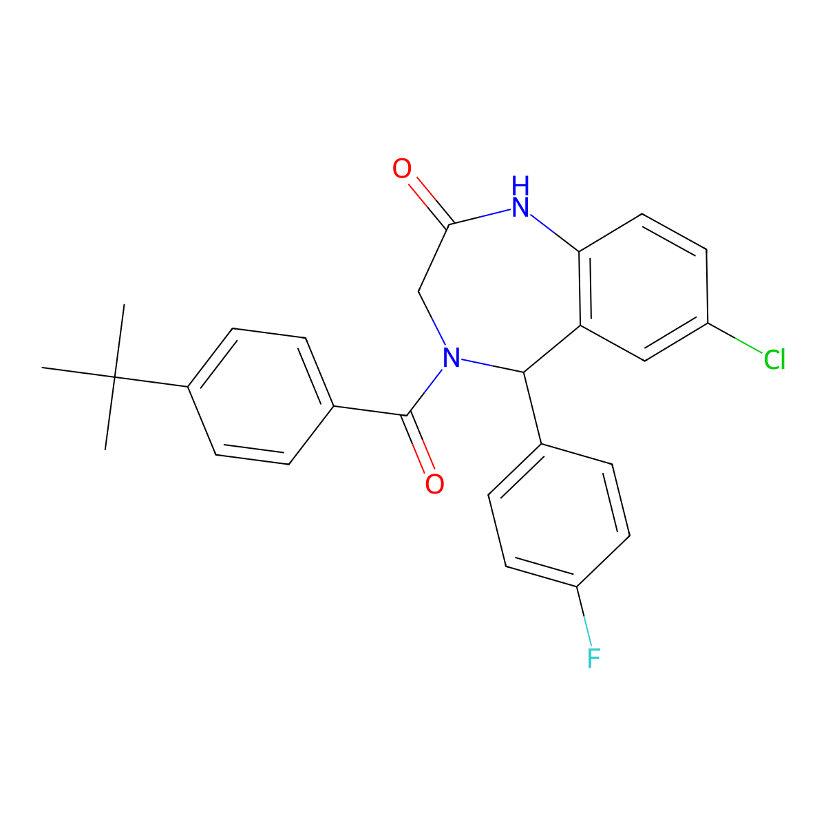 4-(4-tert-butylbenzoyl)-7-chloro-5-(4-fluorophenyl)-3,5-dihydro-1H-1,4-benzodiazepin-2-one molecular structure, CAS 533879-10-6