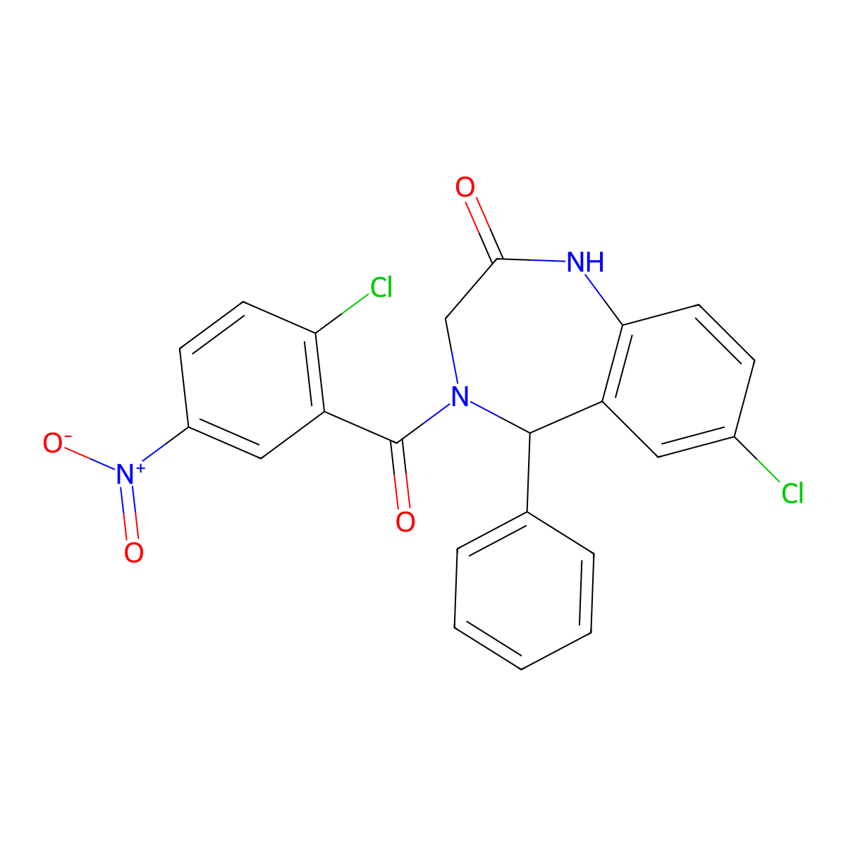 7-chloro-4-(2-chloro-5-nitrobenzoyl)-5-phenyl-3,5-dihydro-1H-1,4-benzodiazepin-2-one molecular structure, CAS 533879-32-2