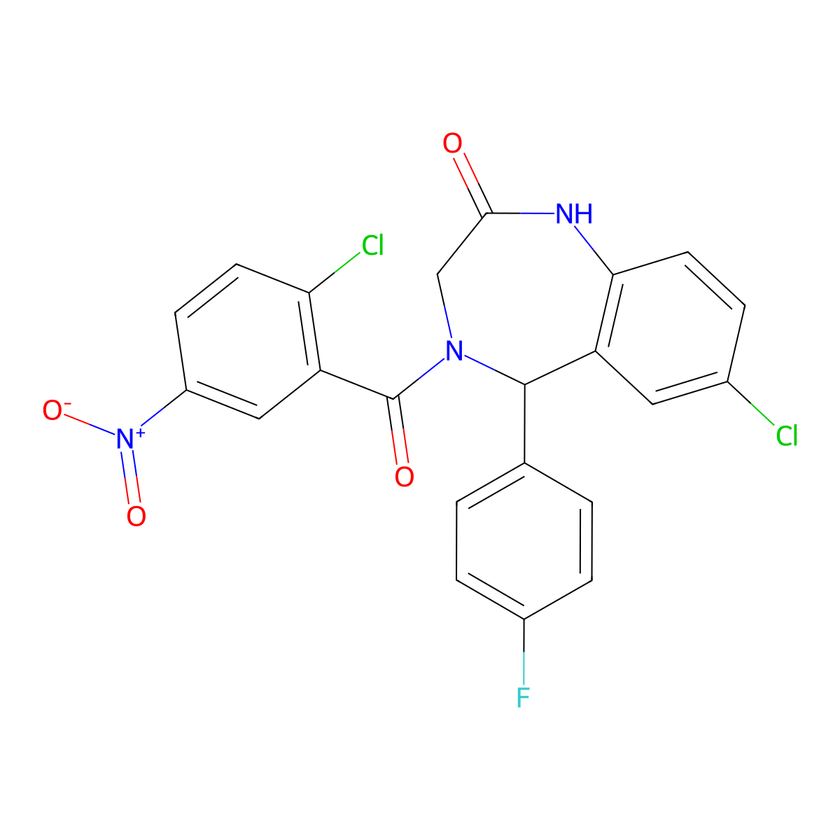 7-chloro-4-(2-chloro-5-nitrobenzoyl)-5-(4-fluorophenyl)-3,5-dihydro-1H-1,4-benzodiazepin-2-one molecular structure, CAS 533879-33-3