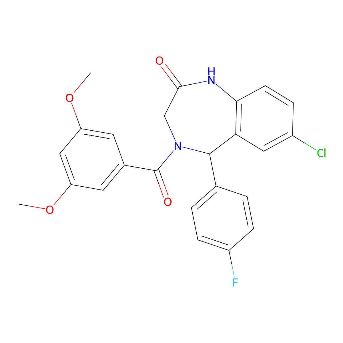 7-chloro-4-(3,5-dimethoxybenzoyl)-5-(4-fluorophenyl)-4,5-dihydro-1H-benzo[e][1,4]diazepin-2(3H)-one molecular structure, CAS 533879-50-4