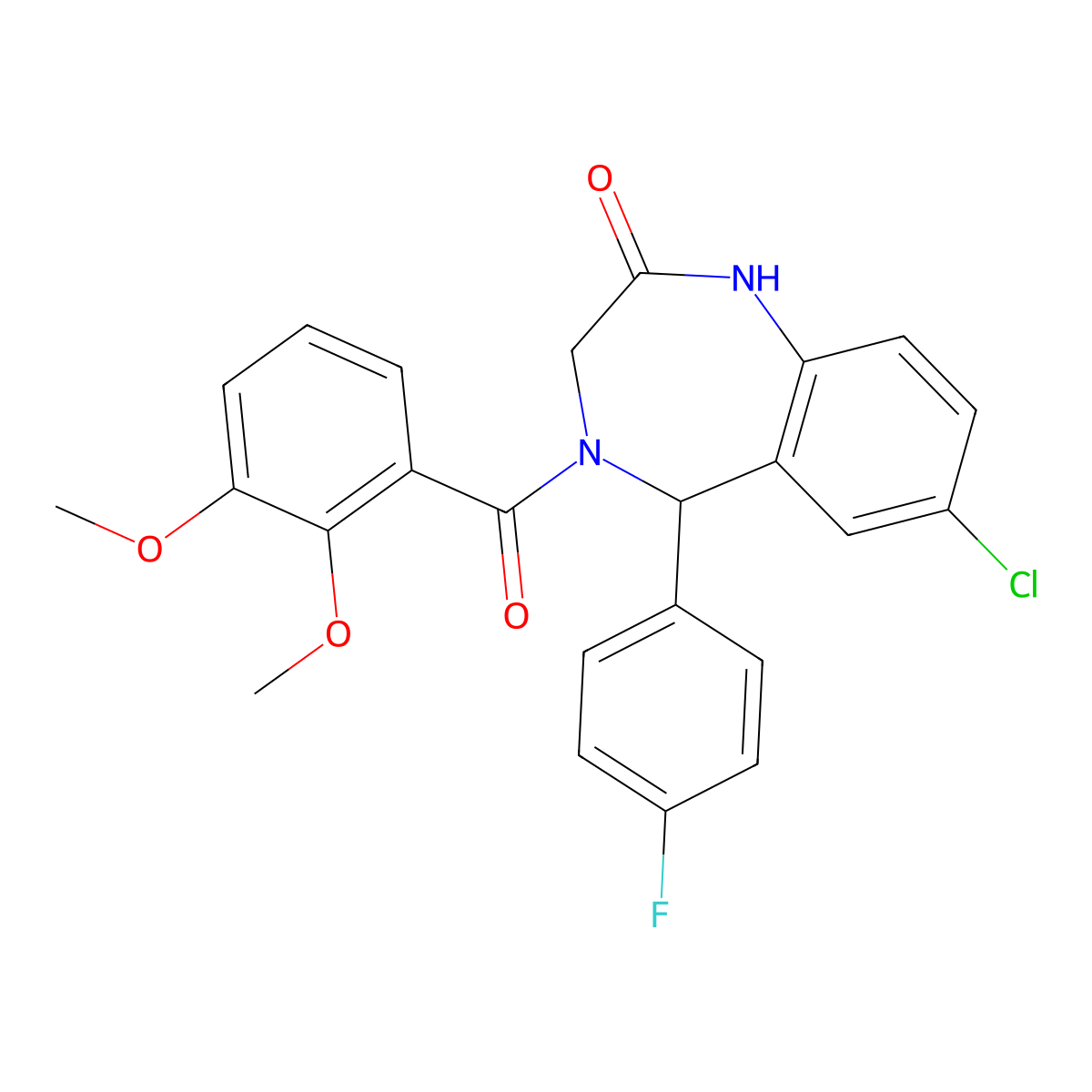 7-chloro-4-(2,3-dimethoxybenzoyl)-5-(4-fluorophenyl)-3,5-dihydro-1H-1,4-benzodiazepin-2-one molecular structure, CAS 533879-53-7
