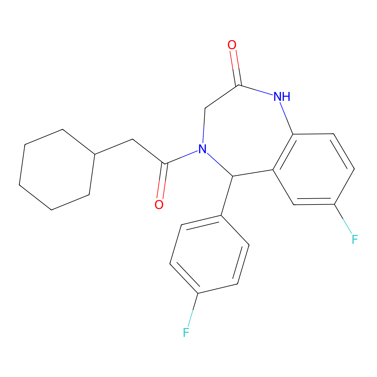4-(2-cyclohexylacetyl)-7-fluoro-5-(4-fluorophenyl)-4,5-dihydro-1H-benzo[e][1,4]diazepin-2(3H)-one molecular structure, CAS 533880-15-8