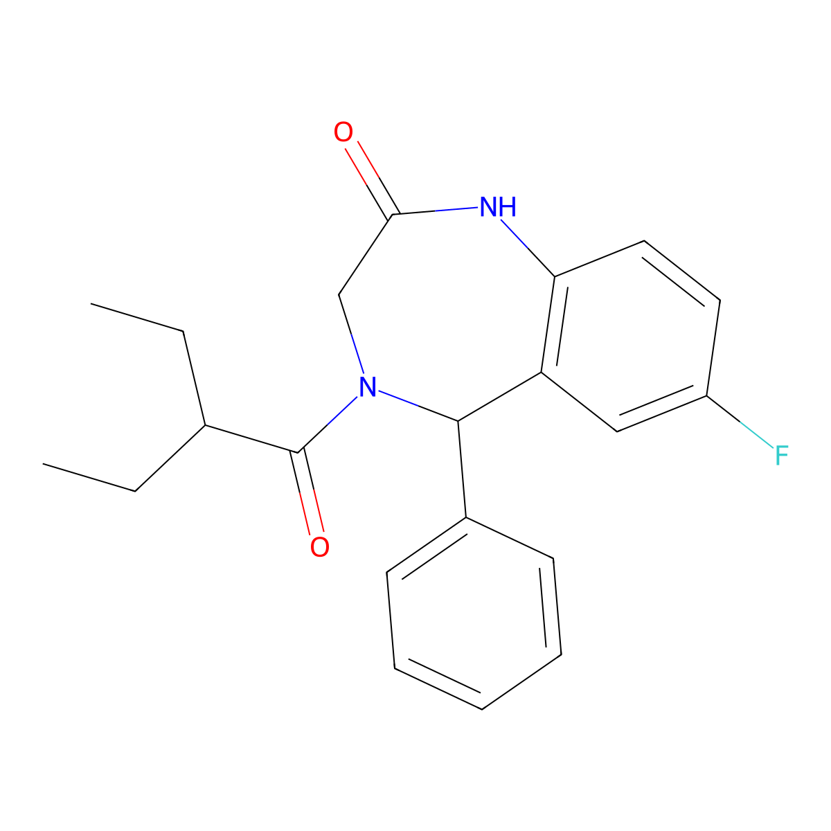 4-(2-ethylbutanoyl)-7-fluoro-5-phenyl-3,5-dihydro-1H-1,4-benzodiazepin-2-one molecular structure, CAS 533880-96-5
