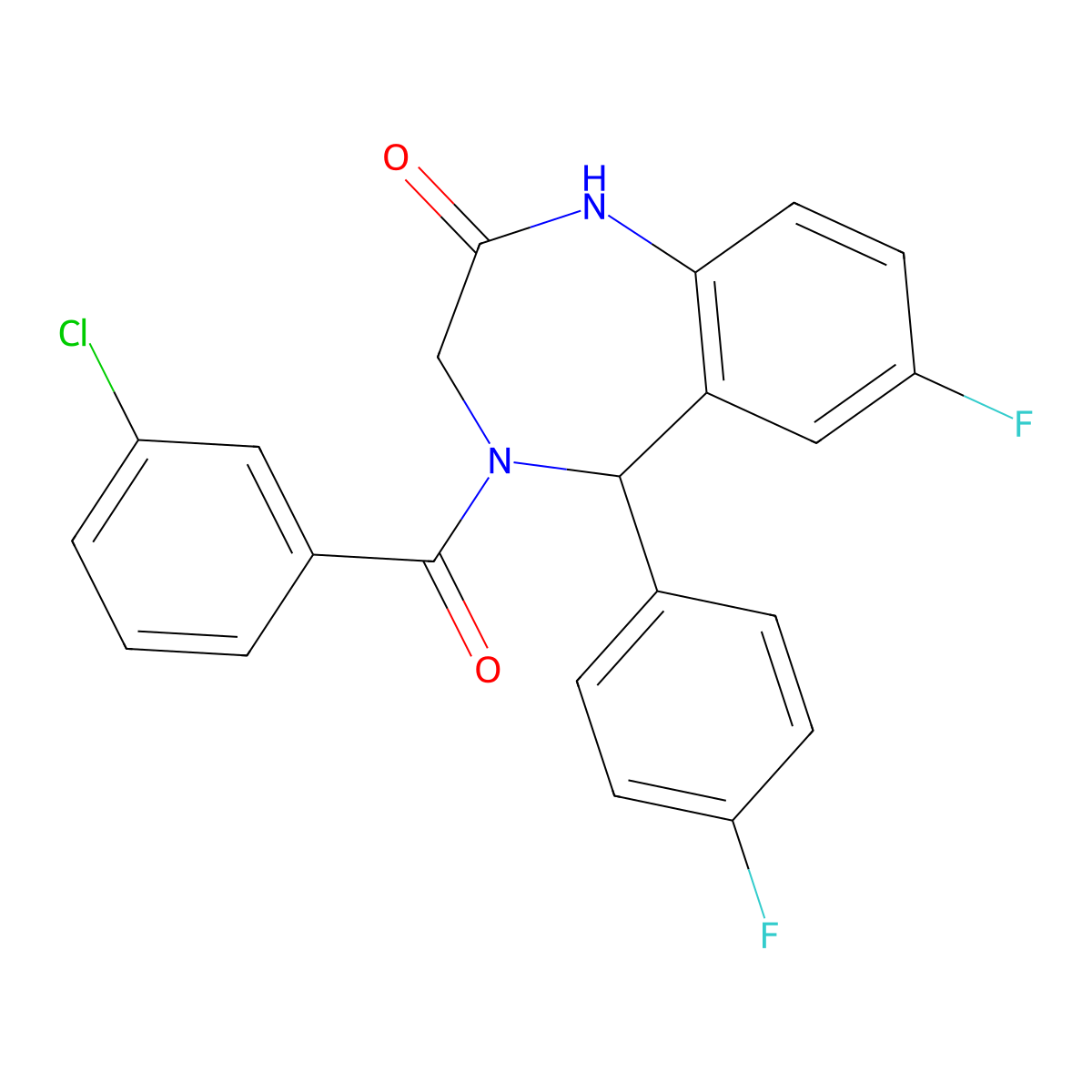 4-(3-chlorobenzoyl)-7-fluoro-5-(4-fluorophenyl)-3,5-dihydro-1H-1,4-benzodiazepin-2-one molecular structure, CAS 533881-39-9