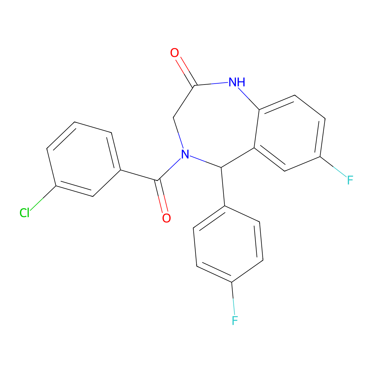 4-(3-chlorobenzoyl)-7-fluoro-5-(4-fluorophenyl)-3,5-dihydro-1H-1,4-benzodiazepin-2-one molecular structure, CAS 533881-39-9