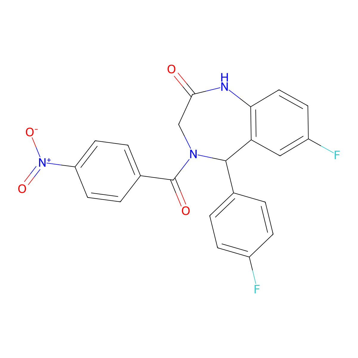 7-fluoro-5-(4-fluorophenyl)-4-(4-nitrobenzoyl)-3,5-dihydro-1H-1,4-benzodiazepin-2-one molecular structure, CAS 533888-01-6