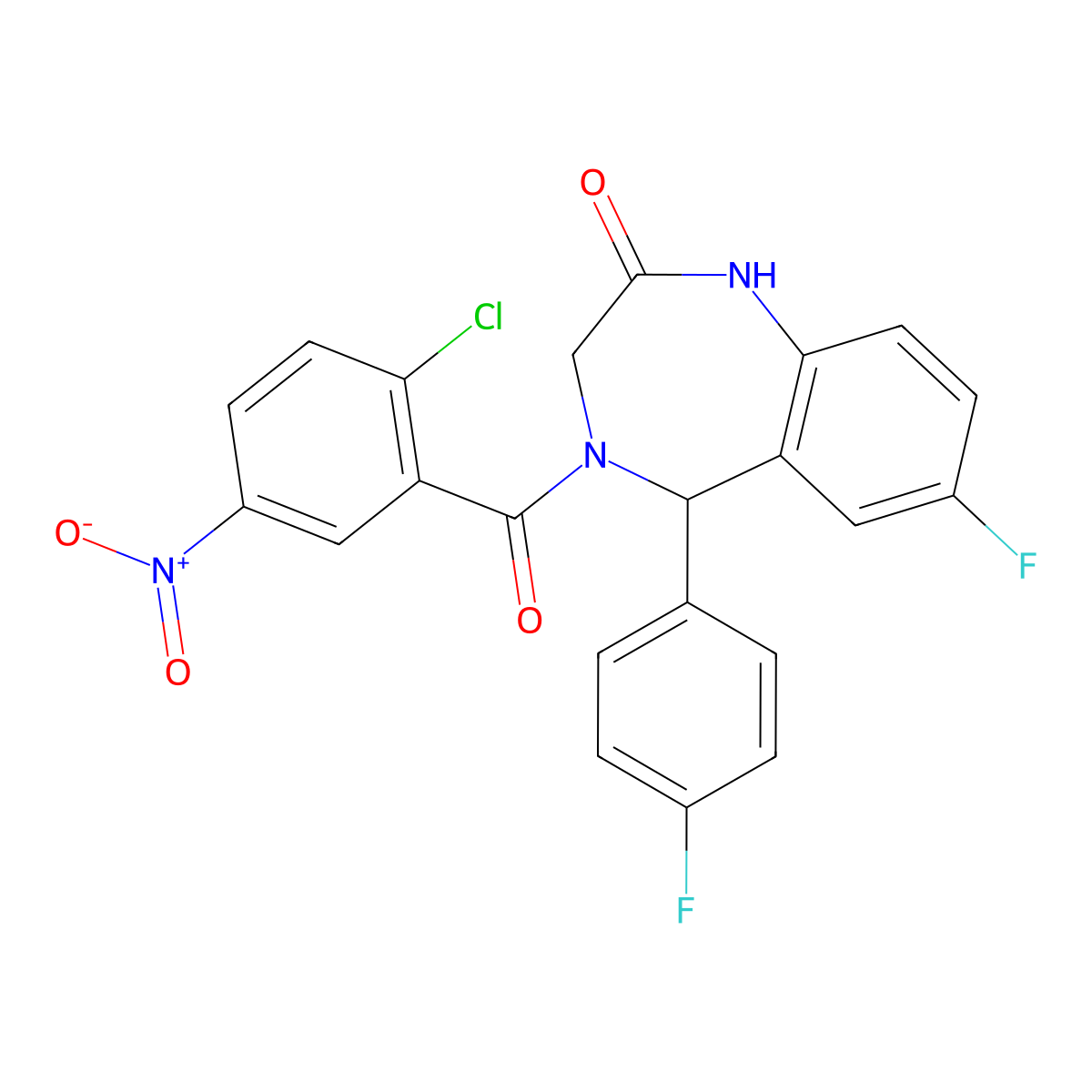 4-(2-chloro-5-nitrobenzoyl)-7-fluoro-5-(4-fluorophenyl)-3,5-dihydro-1H-1,4-benzodiazepin-2-one molecular structure, CAS 533888-43-6
