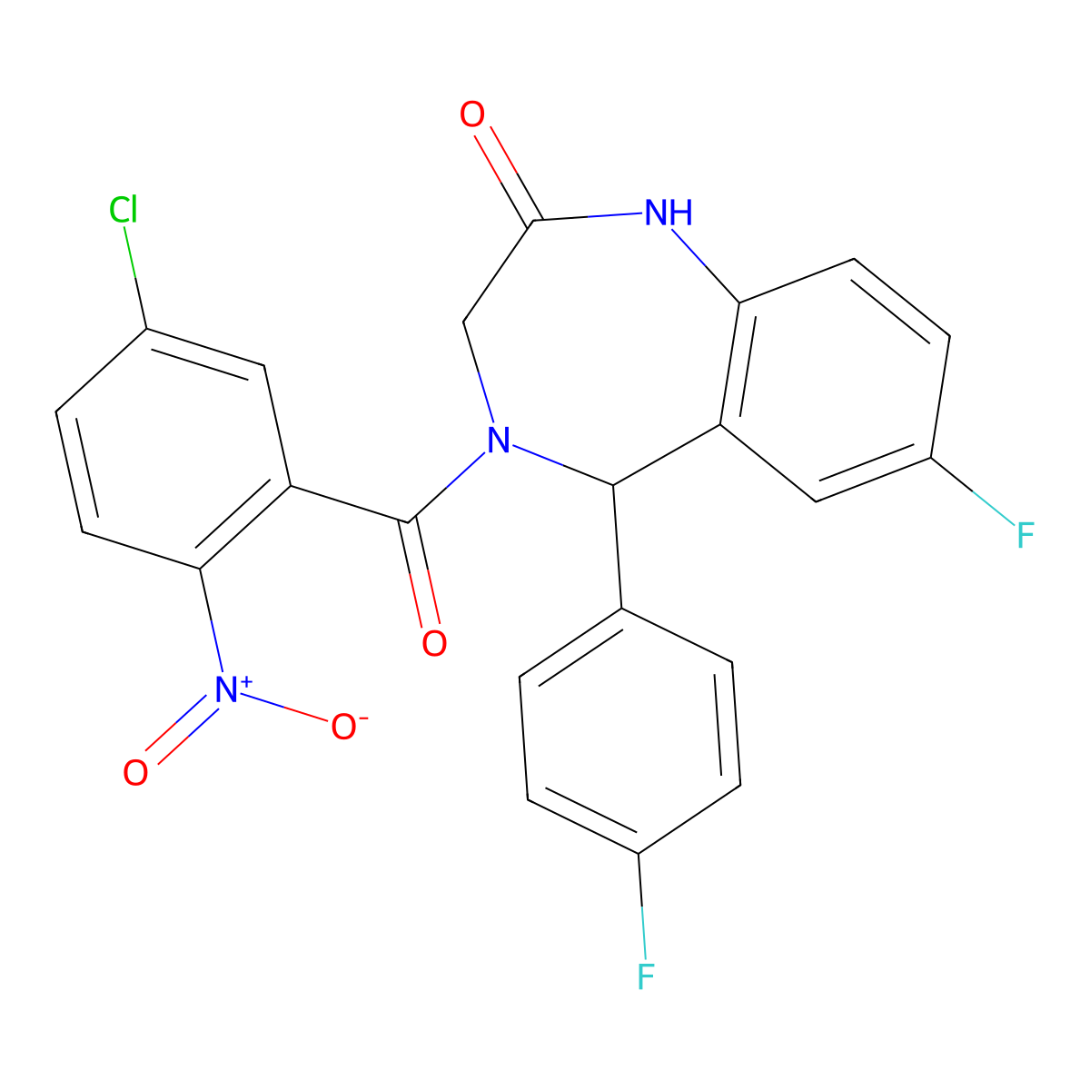 4-(5-chloro-2-nitrobenzoyl)-7-fluoro-5-(4-fluorophenyl)-3,5-dihydro-1H-1,4-benzodiazepin-2-one molecular structure, CAS 533888-46-9