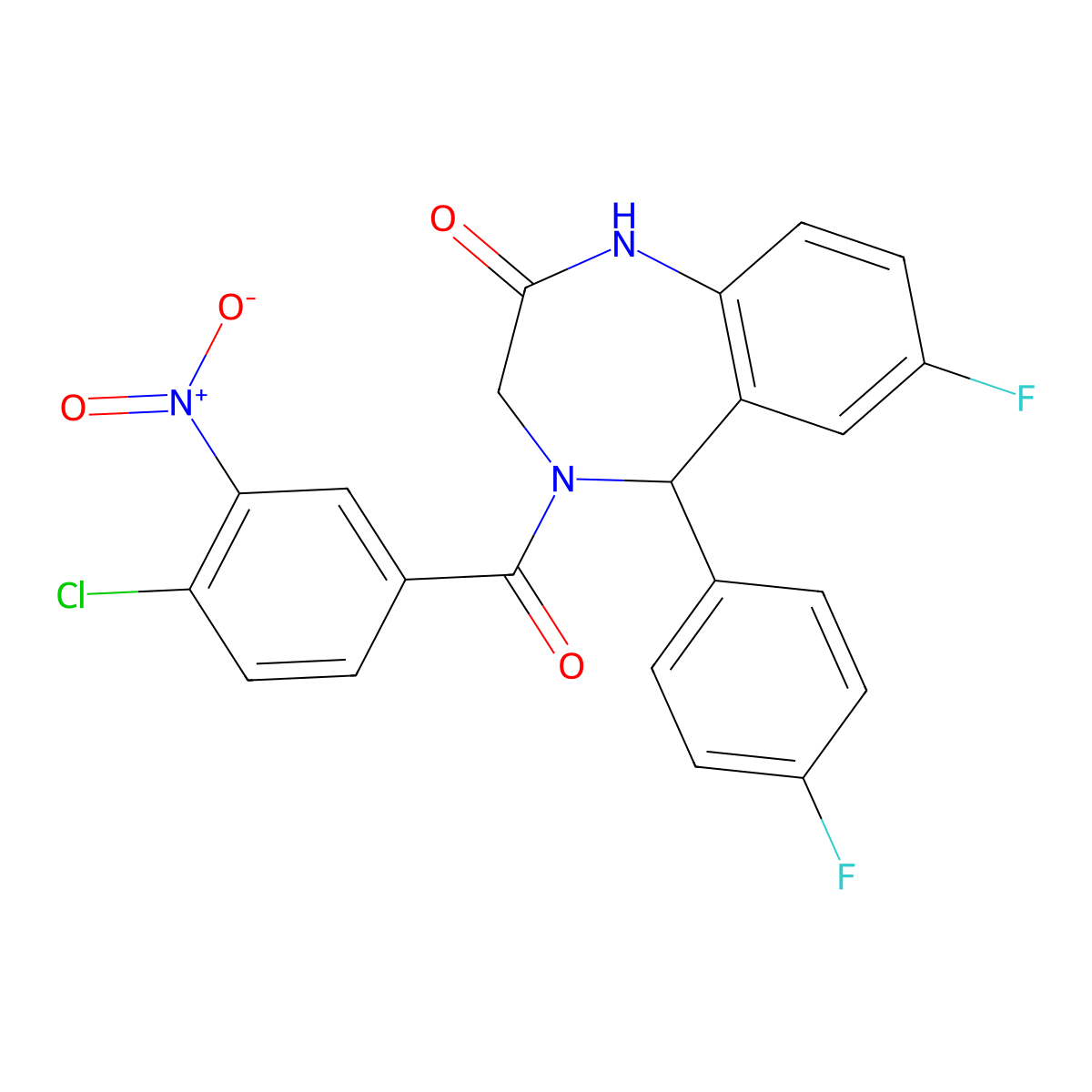 4-(4-chloro-3-nitrobenzoyl)-7-fluoro-5-(4-fluorophenyl)-3,5-dihydro-1H-1,4-benzodiazepin-2-one molecular structure, CAS 533888-51-6