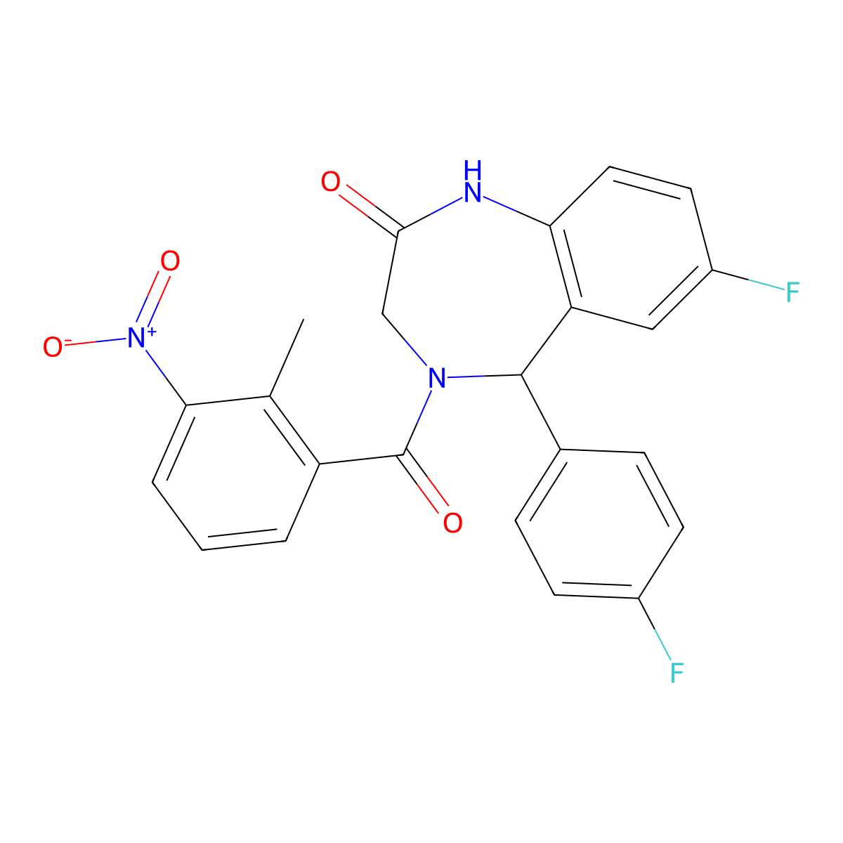 7-fluoro-5-(4-fluorophenyl)-4-(2-methyl-3-nitrobenzoyl)-3,5-dihydro-1H-1,4-benzodiazepin-2-one molecular structure, CAS 533888-57-2