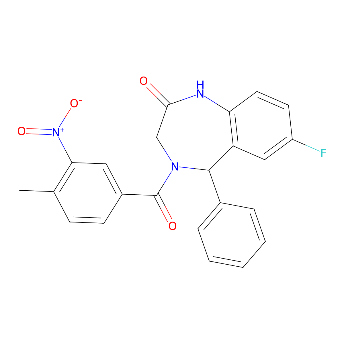 7-fluoro-4-(4-methyl-3-nitrobenzoyl)-5-phenyl-3,5-dihydro-1H-1,4-benzodiazepin-2-one molecular structure, CAS 533888-59-4