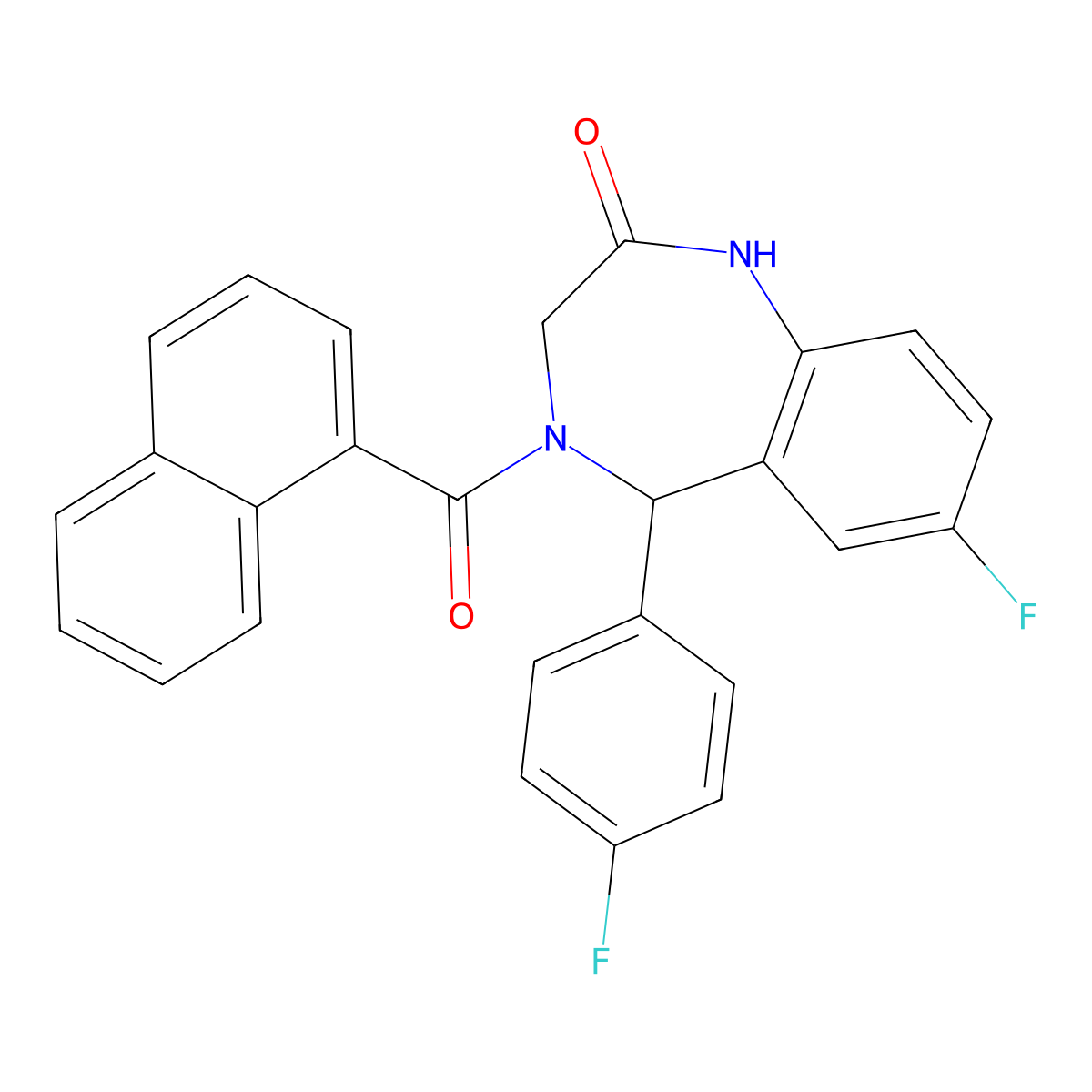 7-fluoro-5-(4-fluorophenyl)-4-(naphthalene-1-carbonyl)-3,5-dihydro-1H-1,4-benzodiazepin-2-one molecular structure, CAS 533889-96-2