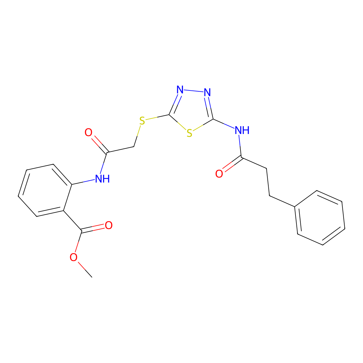 Methyl 2-[[2-[[5-(3-phenylpropanoylamino)-1,3,4-thiadiazol-2-yl]sulfanyl]acetyl]amino]benzoate molecular structure, CAS 533919-07-2