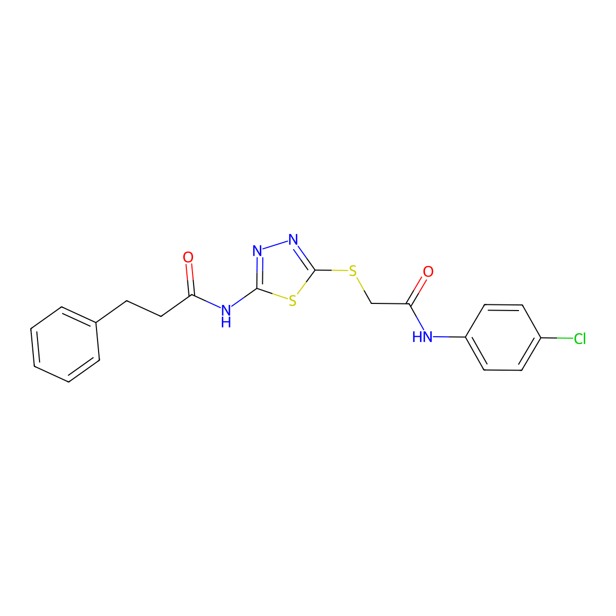 N-(5-((2-((4-chlorophenyl)amino)-2-oxoethyl)thio)-1,3,4-thiadiazol-2-yl)-3-phenylpropanamide molecular structure, CAS 533921-93-6
