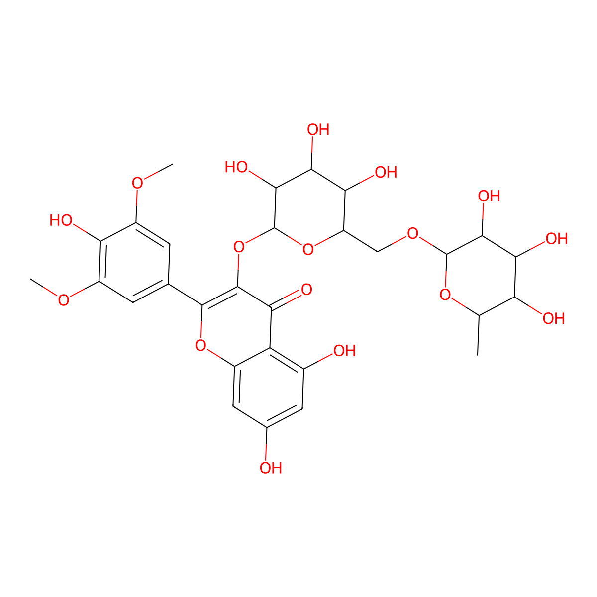 5,7-Dihydroxy-2-(4-hydroxy-3,5-dimethoxyphenyl)-3-[3,4,5-trihydroxy-6-[(3,4,5-trihydroxy-6-methyloxan-2-yl)oxymethyl]oxan-2-yl]oxychromen-4-one molecular structure, CAS 53430-50-5