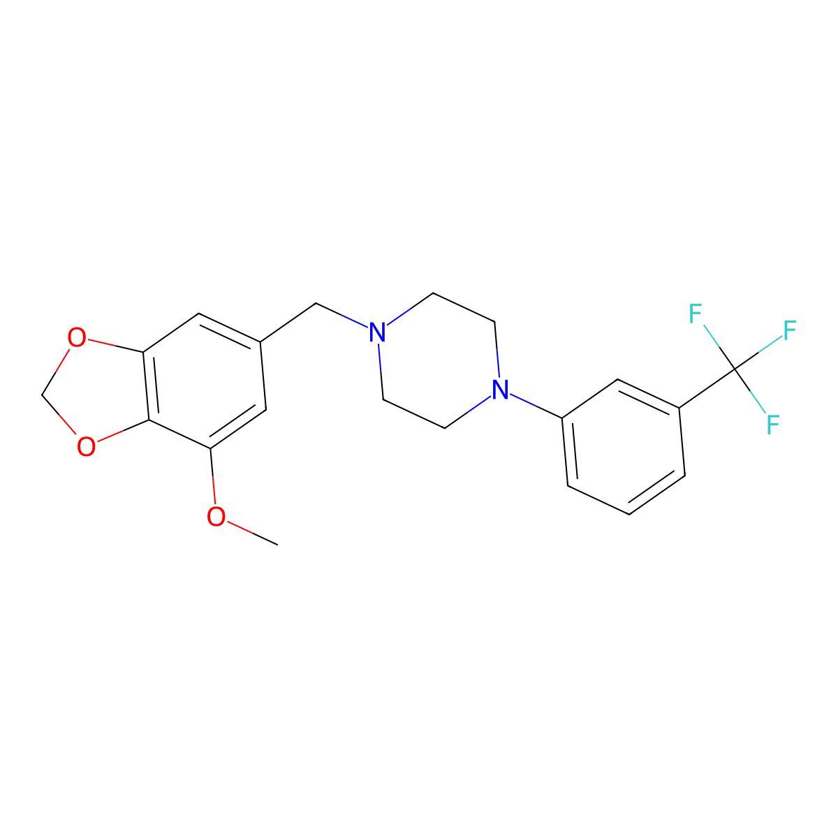 1-[(7-Methoxy-2H-1,3-benzodioxol-5-yl)methyl]-4-[3-(trifluoromethyl)phenyl]piperazine molecular structure, CAS 5345-91-5