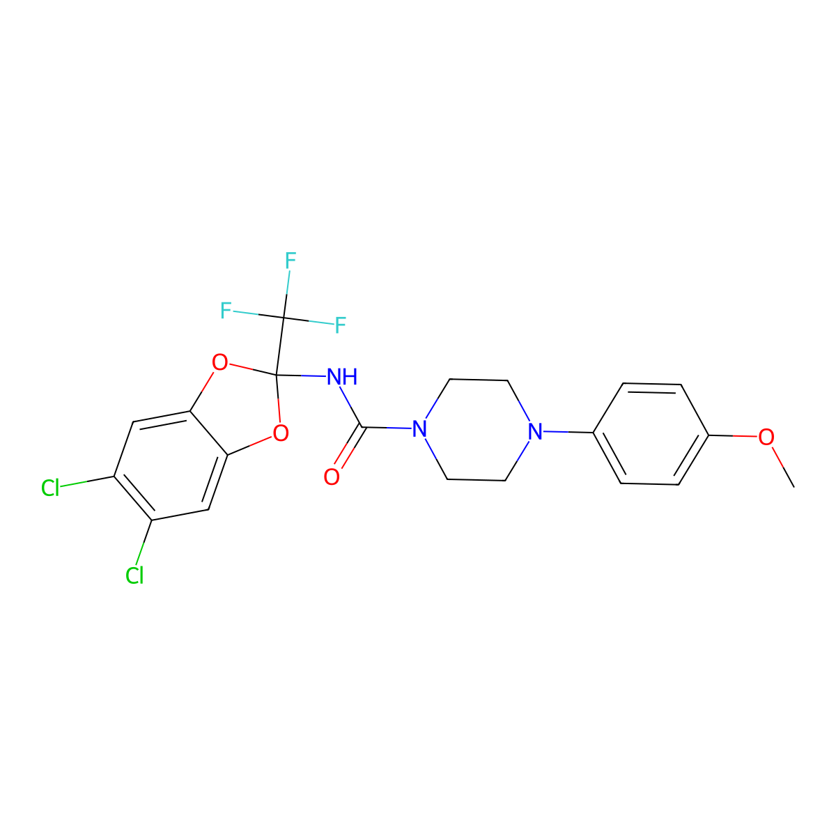 N-(5,6-dichloro-2-(trifluoromethyl)benzo[d][1,3]dioxol-2-yl)-4-(4-methoxyphenyl)piperazine-1-carboxamide molecular structure, CAS 534565-10-1