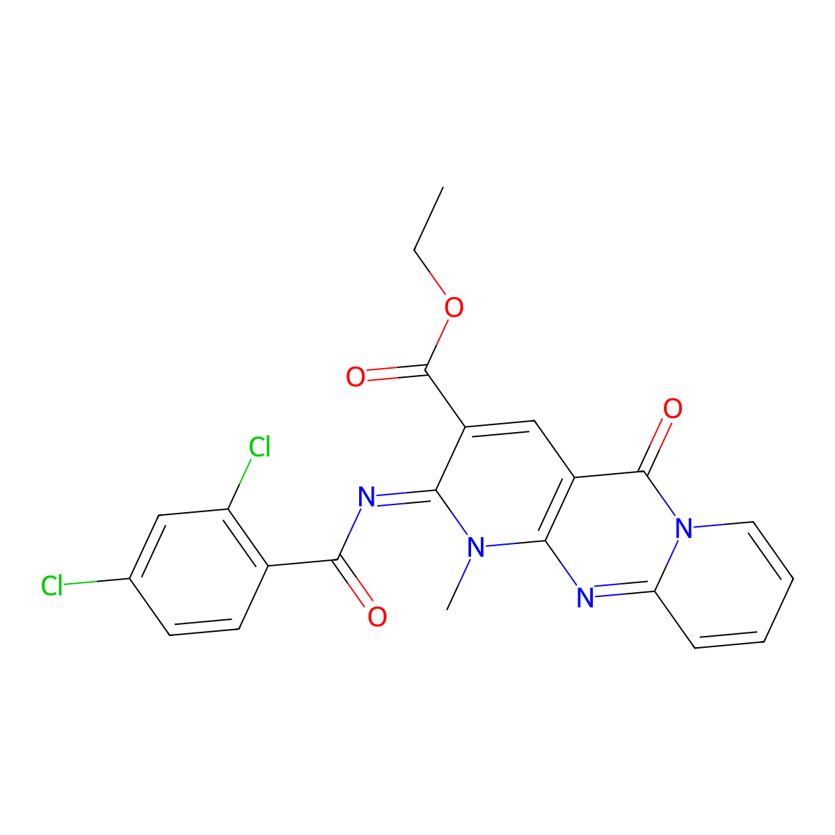 (Z)-ethyl 2-((2,4-dichlorobenzoyl)imino)-1-methyl-5-oxo-2,5-dihydro-1H-dipyrido[1,2-a:2',3'-d]pyrimidine-3-carboxylate molecular structure, CAS 534565-94-1