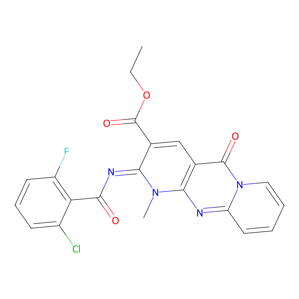 (Z)-ethyl 2-((2-chloro-6-fluorobenzoyl)imino)-1-methyl-5-oxo-2,5-dihydro-1H-dipyrido[1,2-a:2',3'-d]pyrimidine-3-carboxylate molecular structure, CAS 534565-97-4