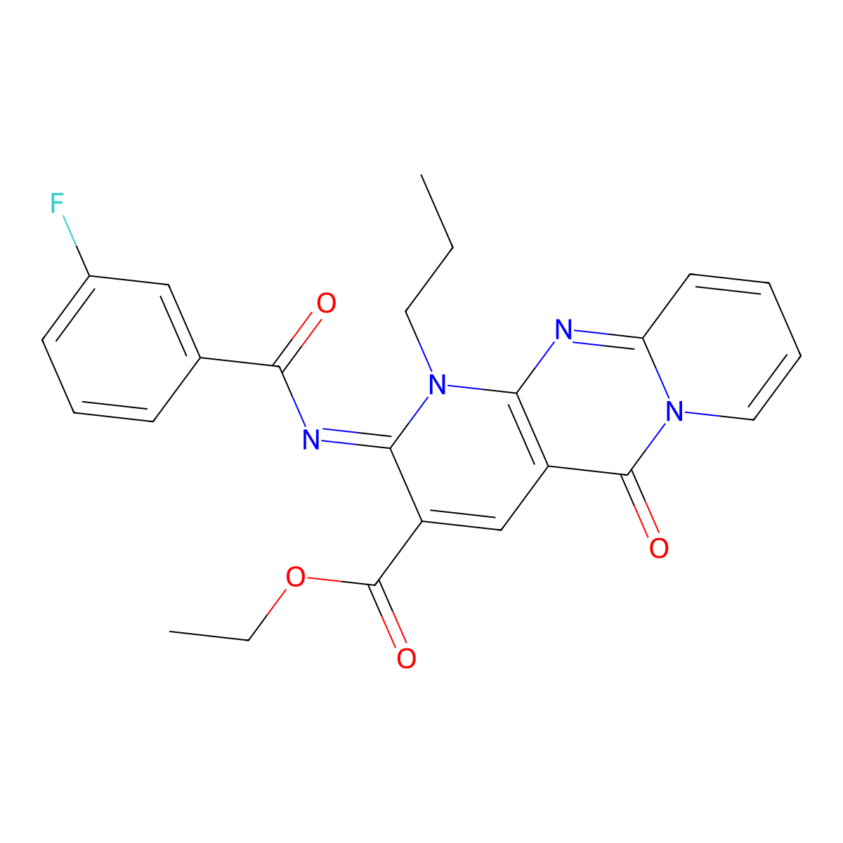 (Z)-ethyl 2-((3-fluorobenzoyl)imino)-5-oxo-1-propyl-2,5-dihydro-1H-dipyrido[1,2-a:2',3'-d]pyrimidine-3-carboxylate molecular structure, CAS 534566-20-6