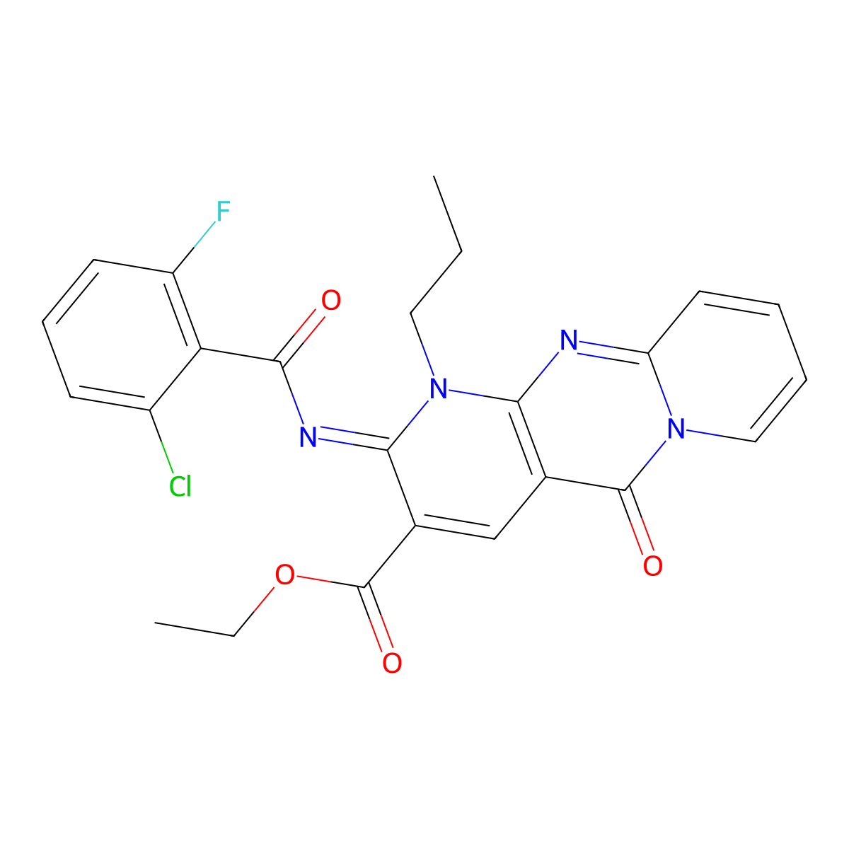 (Z)-ethyl 2-((2-chloro-6-fluorobenzoyl)imino)-5-oxo-1-propyl-2,5-dihydro-1H-dipyrido[1,2-a:2',3'-d]pyrimidine-3-carboxylate molecular structure, CAS 534566-63-7