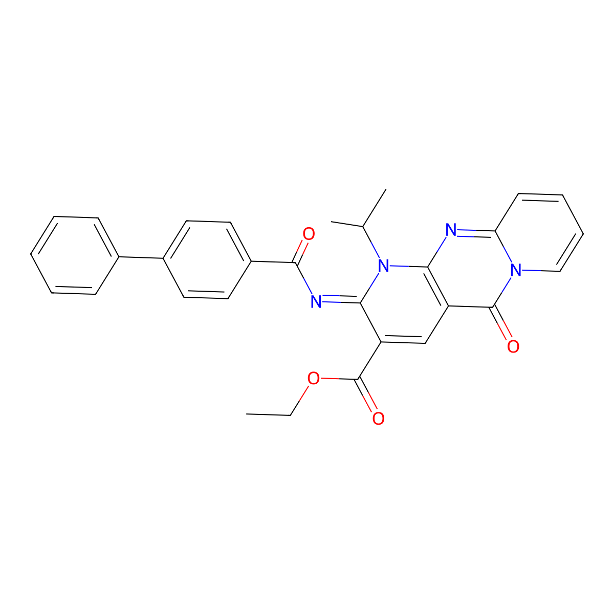 (Z)-ethyl 2-(([1,1'-biphenyl]-4-carbonyl)imino)-1-isopropyl-5-oxo-2,5-dihydro-1H-dipyrido[1,2-a:2',3'-d]pyrimidine-3-carboxylate molecular structure, CAS 534567-21-0
