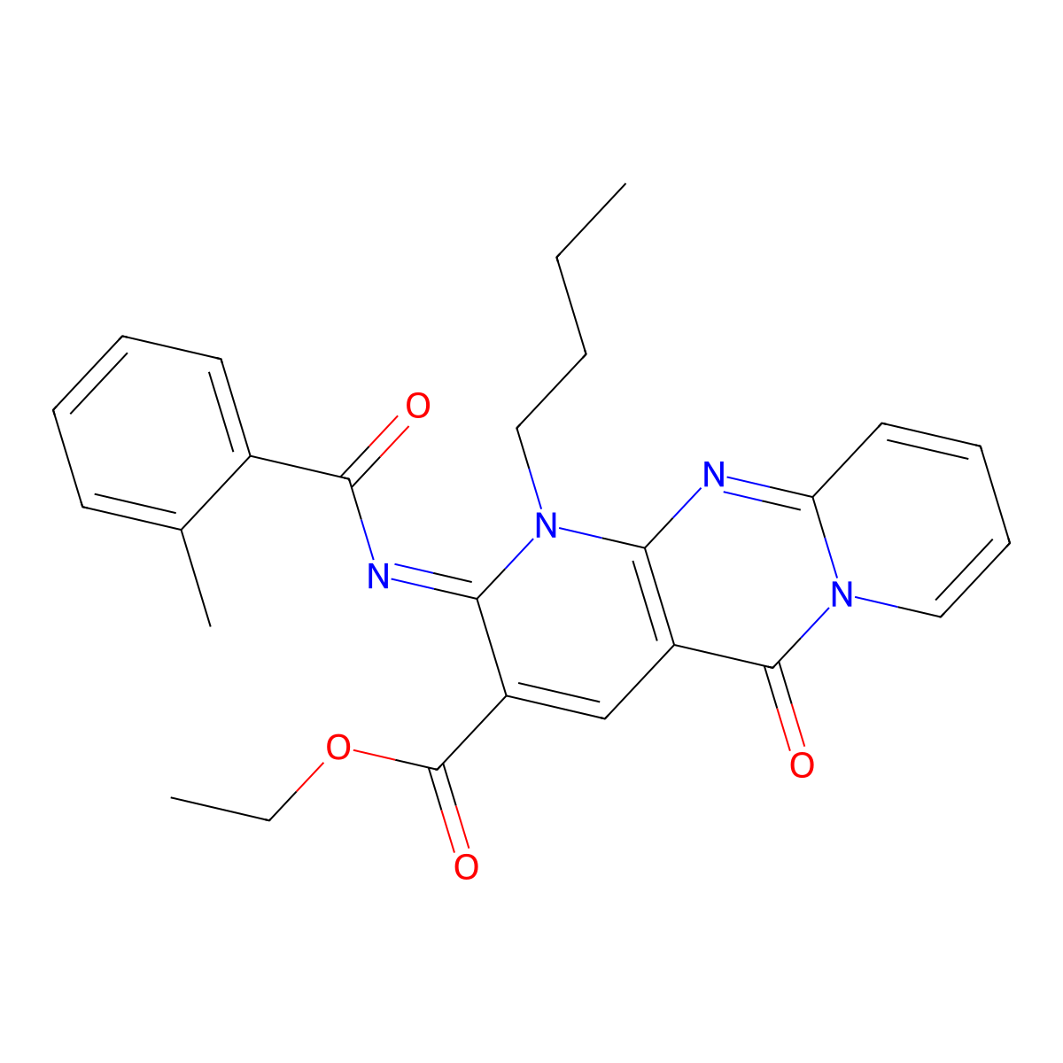 (Z)-ethyl 1-butyl-2-((2-methylbenzoyl)imino)-5-oxo-2,5-dihydro-1H-dipyrido[1,2-a:2',3'-d]pyrimidine-3-carboxylate molecular structure, CAS 534567-51-6