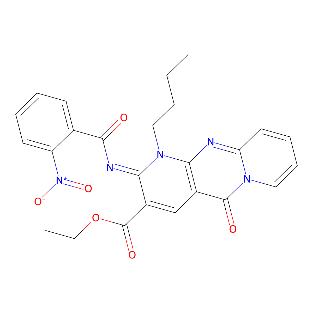 ethyl (6Z)-7-butyl-6-[(2-nitrobenzoyl)imino]-2-oxo-1,7,9-triazatricyclo[8.4.0.0^{3,8}]tetradeca-3(8),4,9,11,13-pentaene-5-carboxylate molecular structure, CAS 534567-54-9