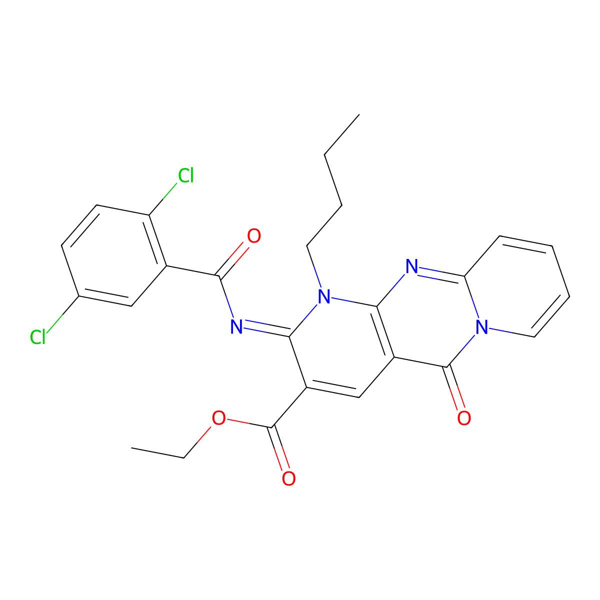 (Z)-ethyl 1-butyl-2-((2,5-dichlorobenzoyl)imino)-5-oxo-2,5-dihydro-1H-dipyrido[1,2-a:2',3'-d]pyrimidine-3-carboxylate molecular structure, CAS 534576-94-8