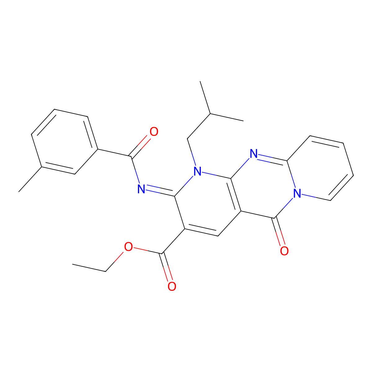 (Z)-ethyl 1-isobutyl-2-((3-methylbenzoyl)imino)-5-oxo-2,5-dihydro-1H-dipyrido[1,2-a:2',3'-d]pyrimidine-3-carboxylate molecular structure, CAS 534577-15-6