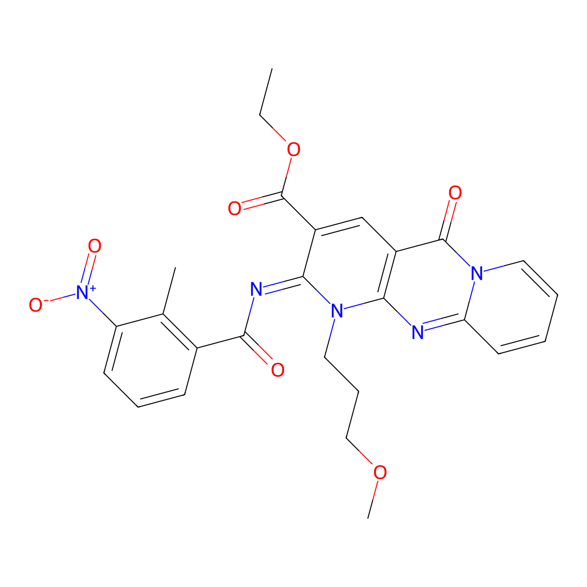 (Z)-ethyl 1-(3-methoxypropyl)-2-((2-methyl-3-nitrobenzoyl)imino)-5-oxo-2,5-dihydro-1H-dipyrido[1,2-a:2',3'-d]pyrimidine-3-carboxylate molecular structure, CAS 534578-78-4