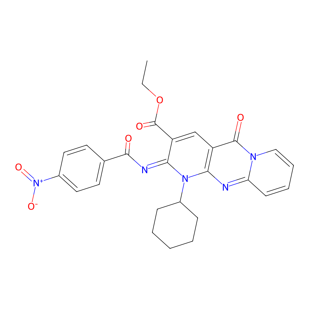 (Z)-ethyl 1-cyclohexyl-2-((4-nitrobenzoyl)imino)-5-oxo-2,5-dihydro-1H-dipyrido[1,2-a:2',3'-d]pyrimidine-3-carboxylate molecular structure, CAS 534579-17-4