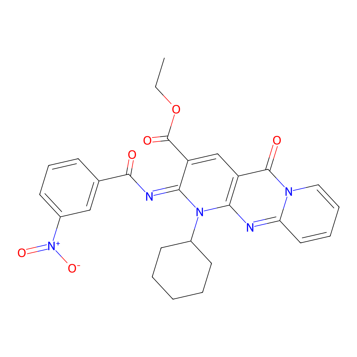 (Z)-ethyl 1-cyclohexyl-2-((3-nitrobenzoyl)imino)-5-oxo-2,5-dihydro-1H-dipyrido[1,2-a:2',3'-d]pyrimidine-3-carboxylate molecular structure, CAS 534579-18-5