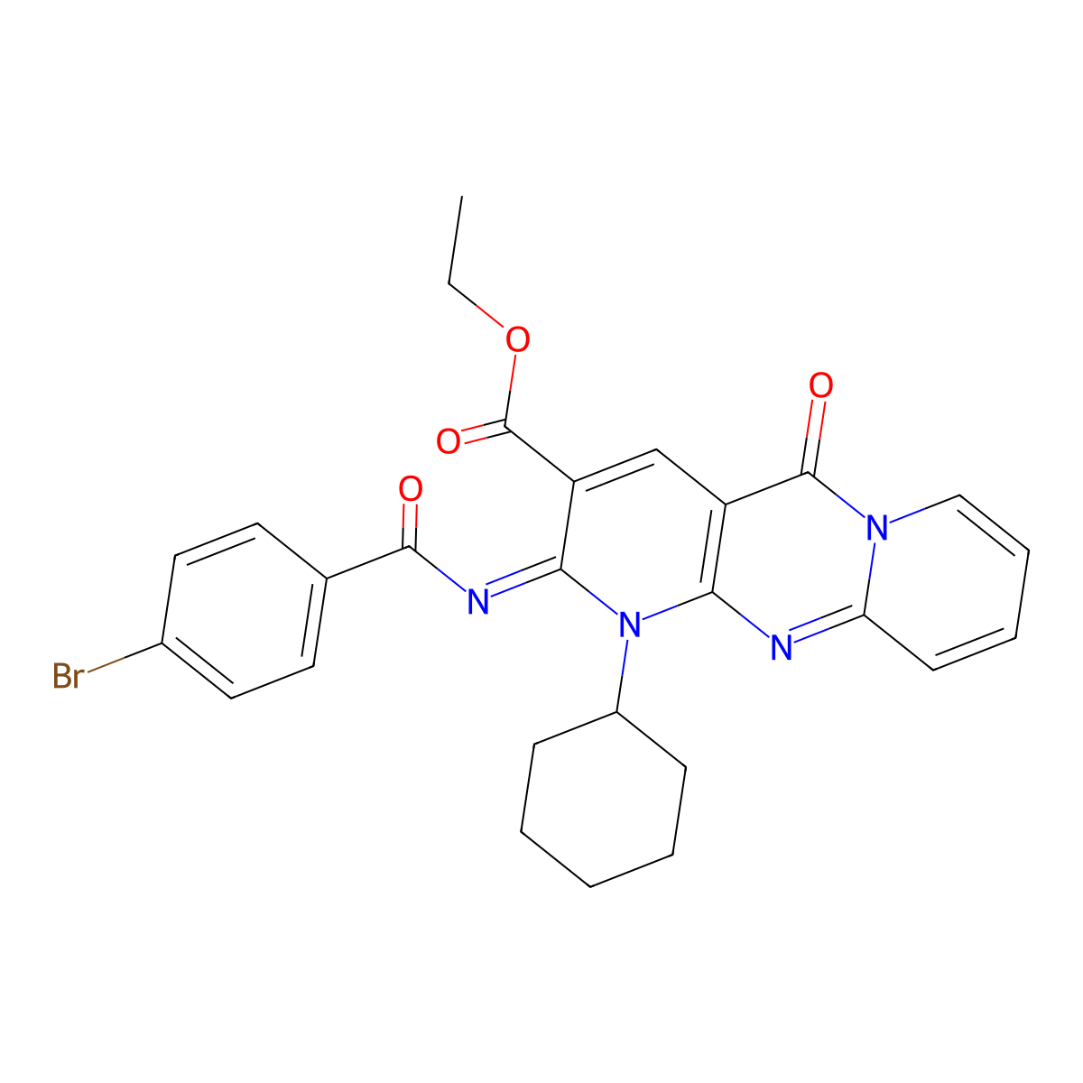 (Z)-ethyl 2-((4-bromobenzoyl)imino)-1-cyclohexyl-5-oxo-2,5-dihydro-1H-dipyrido[1,2-a:2',3'-d]pyrimidine-3-carboxylate molecular structure, CAS 534579-22-1