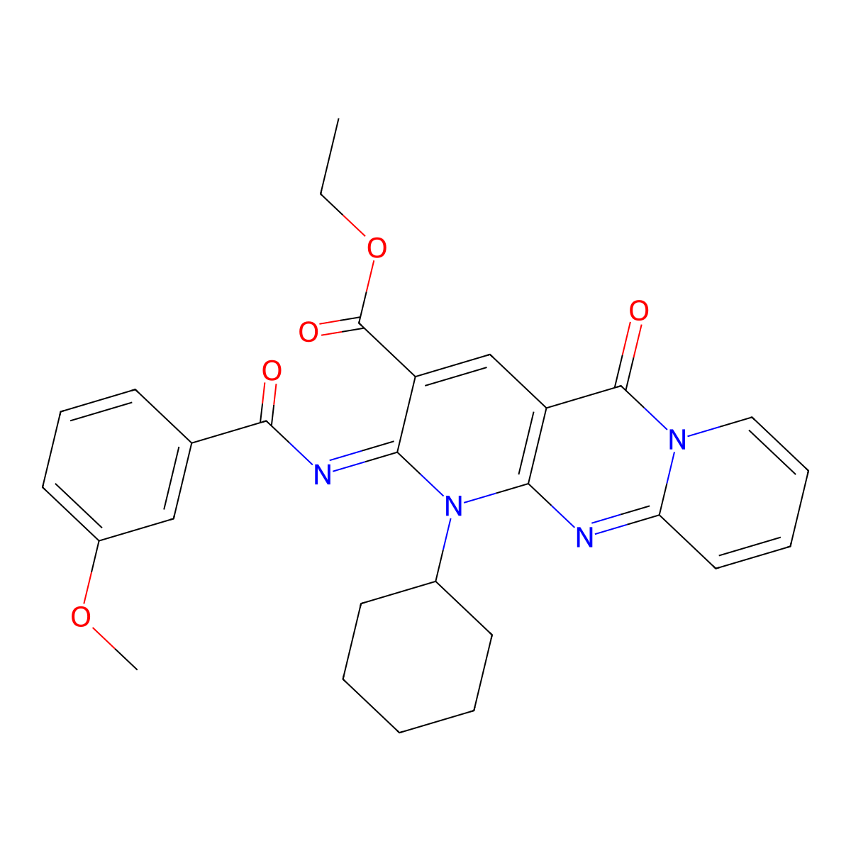 (Z)-ethyl 1-cyclohexyl-2-((3-methoxybenzoyl)imino)-5-oxo-2,5-dihydro-1H-dipyrido[1,2-a:2',3'-d]pyrimidine-3-carboxylate molecular structure, CAS 534579-25-4