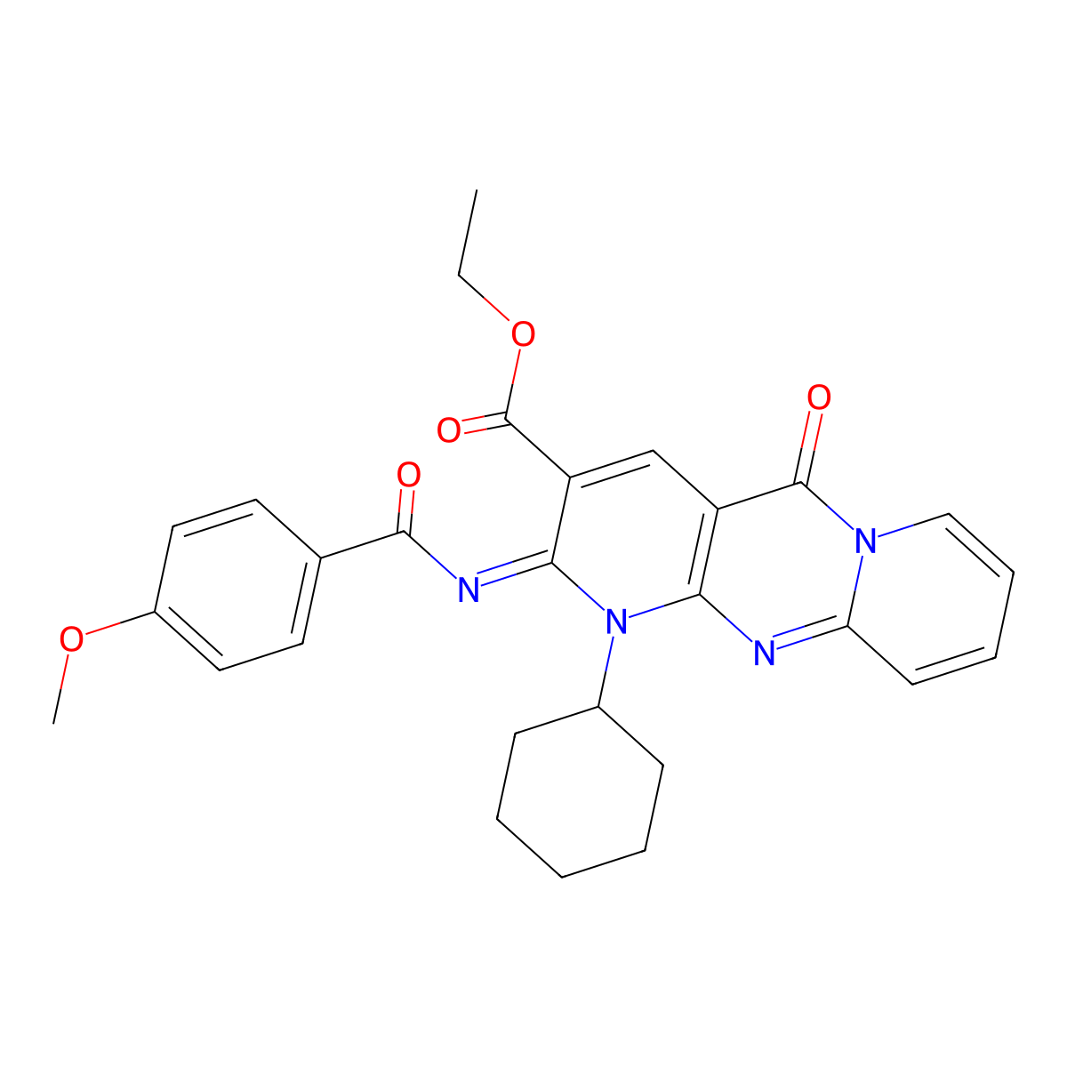 (Z)-ethyl 1-cyclohexyl-2-((4-methoxybenzoyl)imino)-5-oxo-2,5-dihydro-1H-dipyrido[1,2-a:2',3'-d]pyrimidine-3-carboxylate molecular structure, CAS 534579-26-5