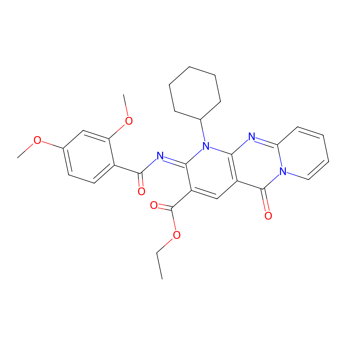 (Z)-ethyl 1-cyclohexyl-2-((2,4-dimethoxybenzoyl)imino)-5-oxo-2,5-dihydro-1H-dipyrido[1,2-a:2',3'-d]pyrimidine-3-carboxylate molecular structure, CAS 534579-31-2