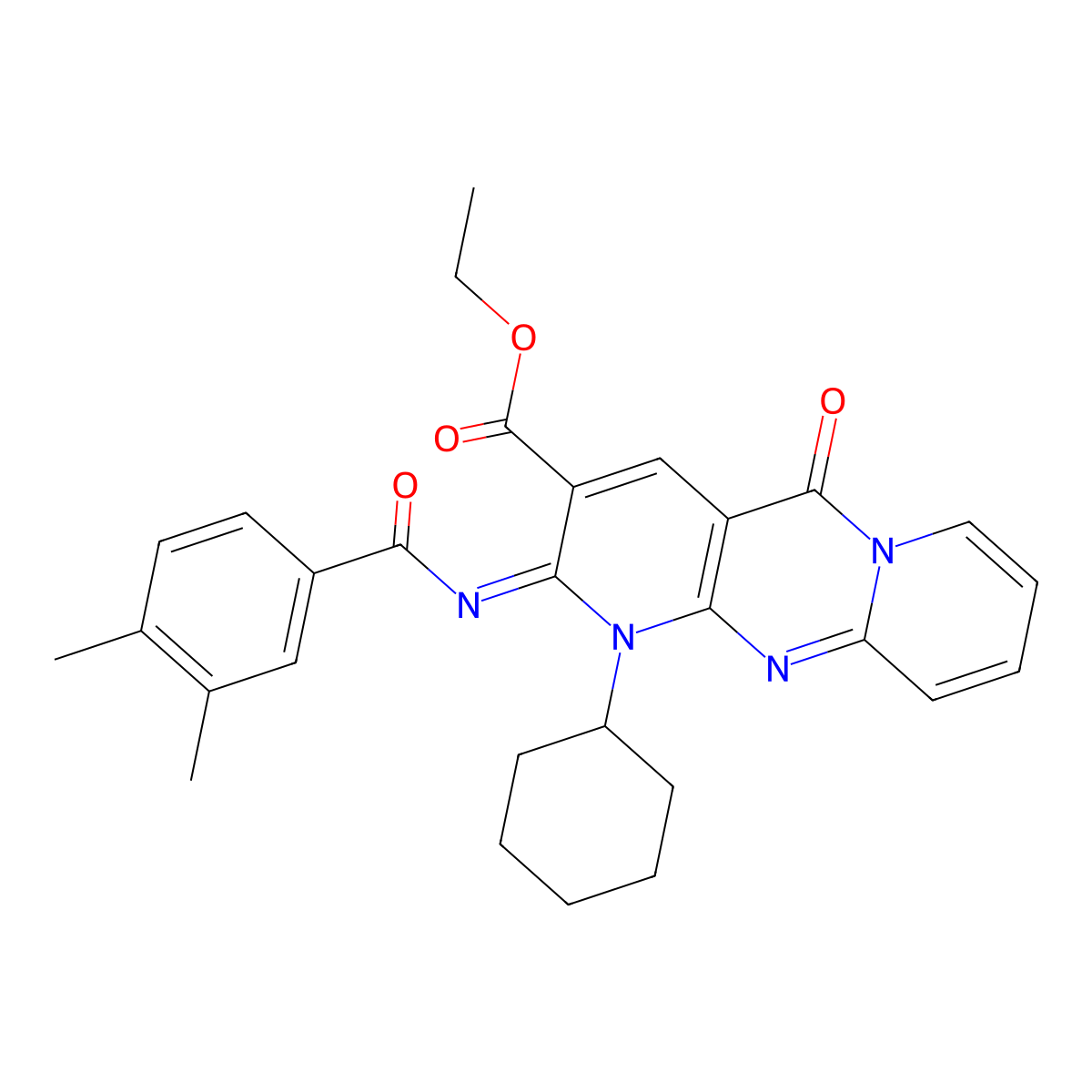 (Z)-ethyl 1-cyclohexyl-2-((3,4-dimethylbenzoyl)imino)-5-oxo-2,5-dihydro-1H-dipyrido[1,2-a:2',3'-d]pyrimidine-3-carboxylate molecular structure, CAS 534579-46-9